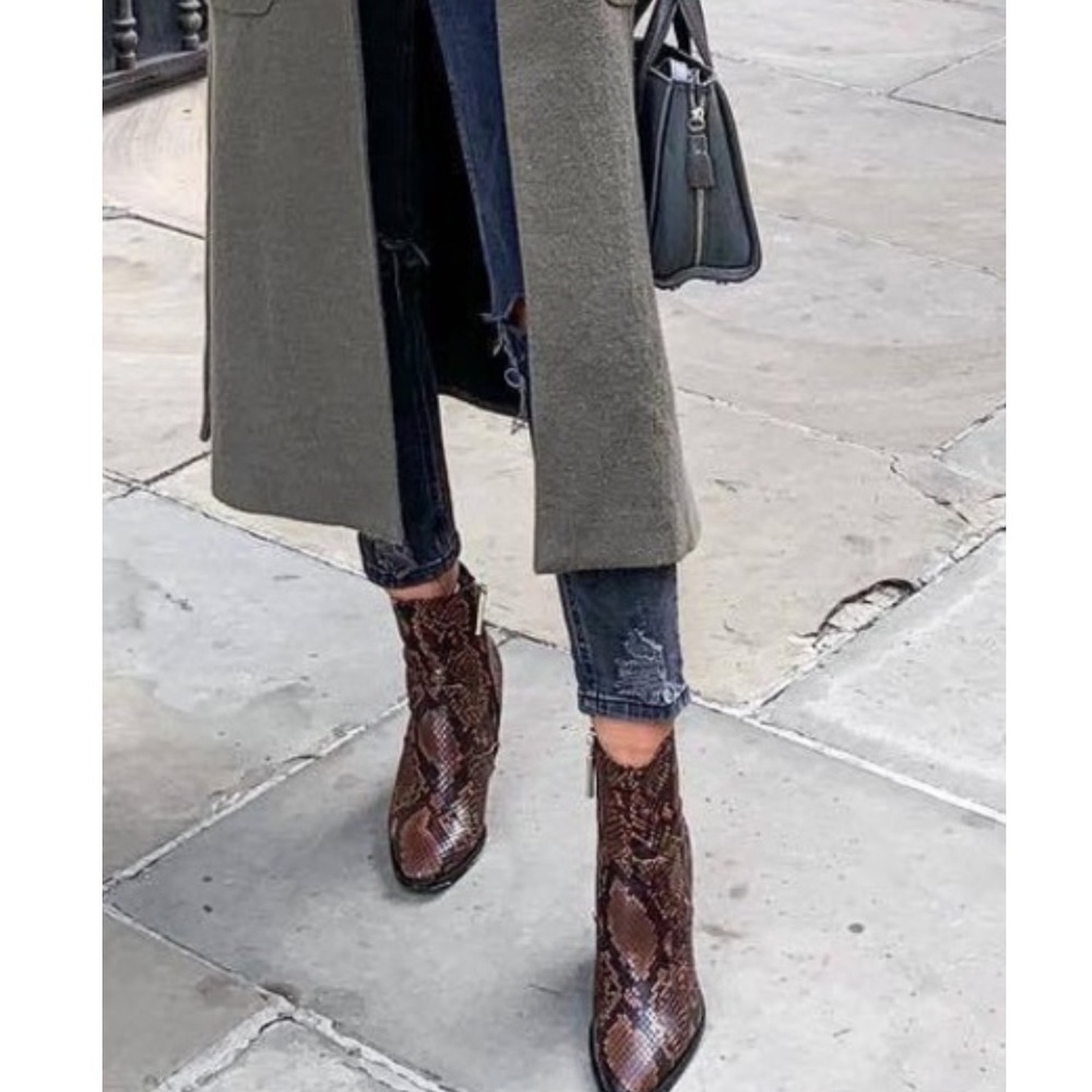 Zara Womens Brown Snakeskin Print Block Heel Ankle Boots Pointed Toe